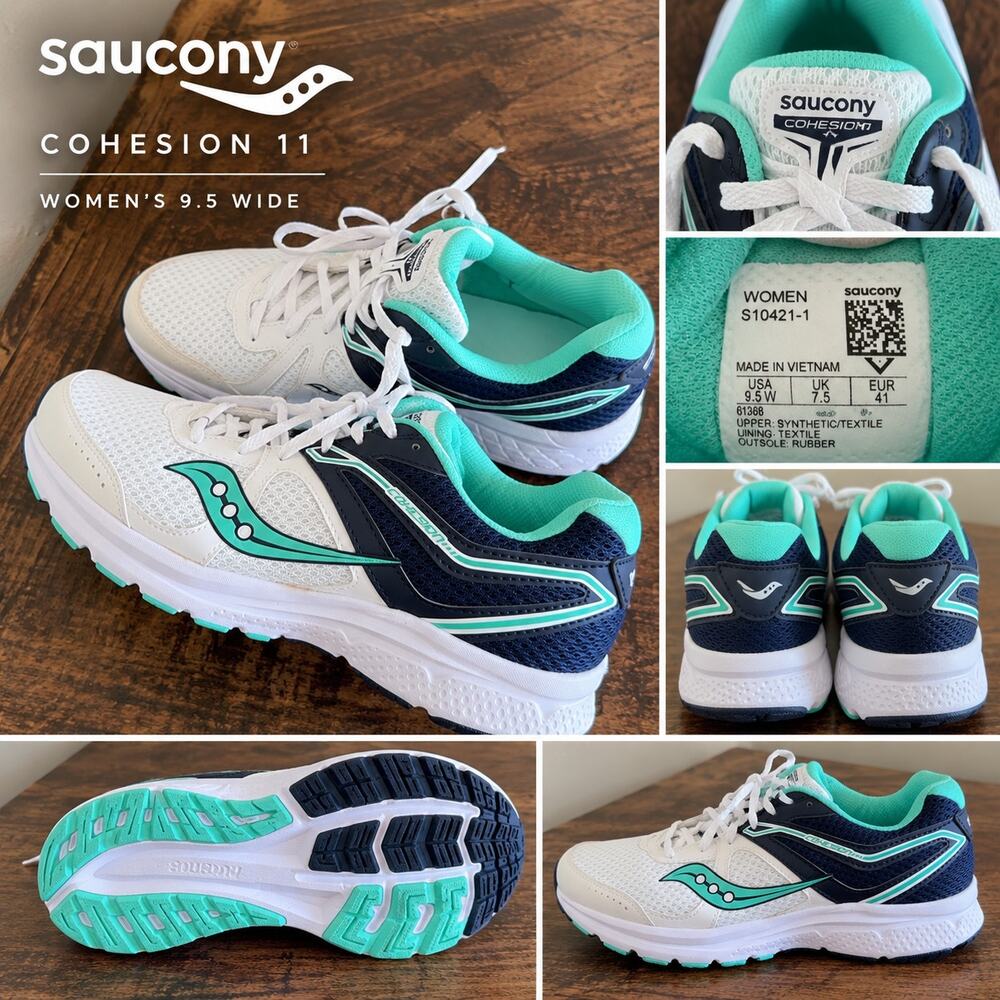 Saucony Cohesion 11 Women’s 9.5 Wide White Teal Running Shoes S10421-1 NWOB